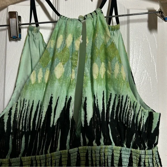 Free People XS Boho Halter Mini Dress Green Abstract Print Smocked Waist - Picture 10 of 15